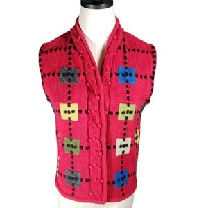 Vintage Vest M Lisa Nichols Cotton Geometric Design Baubles Cable Snaps Artsy